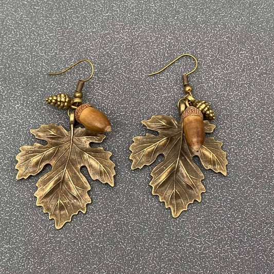 Acorn & Metal Maple Leaves Charm DangleEarrings