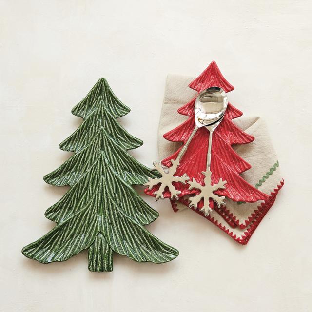 Debossed Ceramic Tree Shaped Platter, Greeen