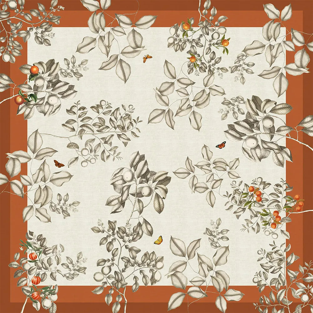 61"x 89" Mandarines Rouille Tablecloth, Cotton-Linen Blend
