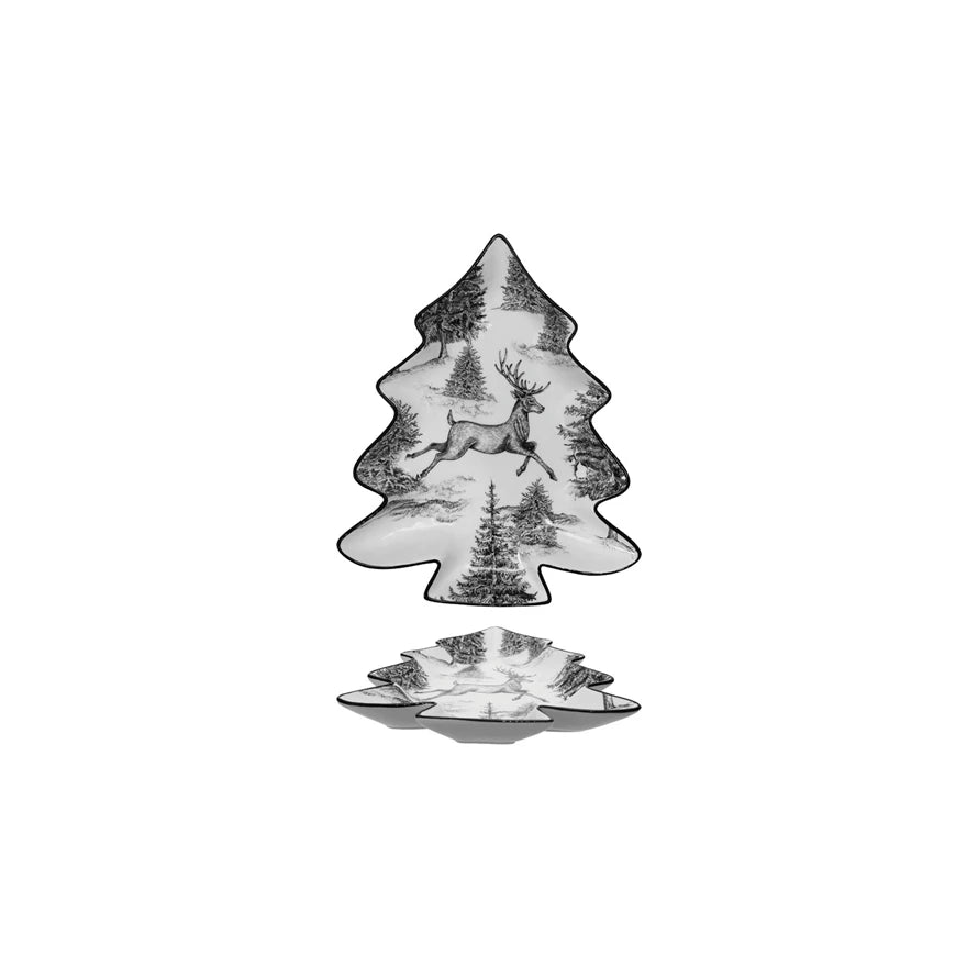 Ceramic Tree Shaped Plate with Woodland Deer Scene & Colored Edge