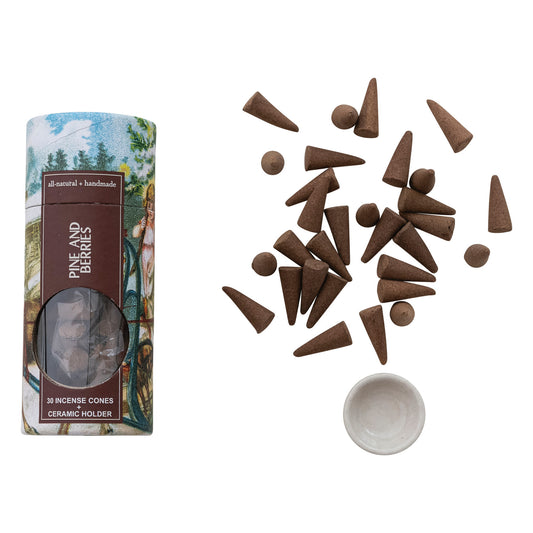 Incense Cones with Ceramic Holder, Pine and Berries Scent