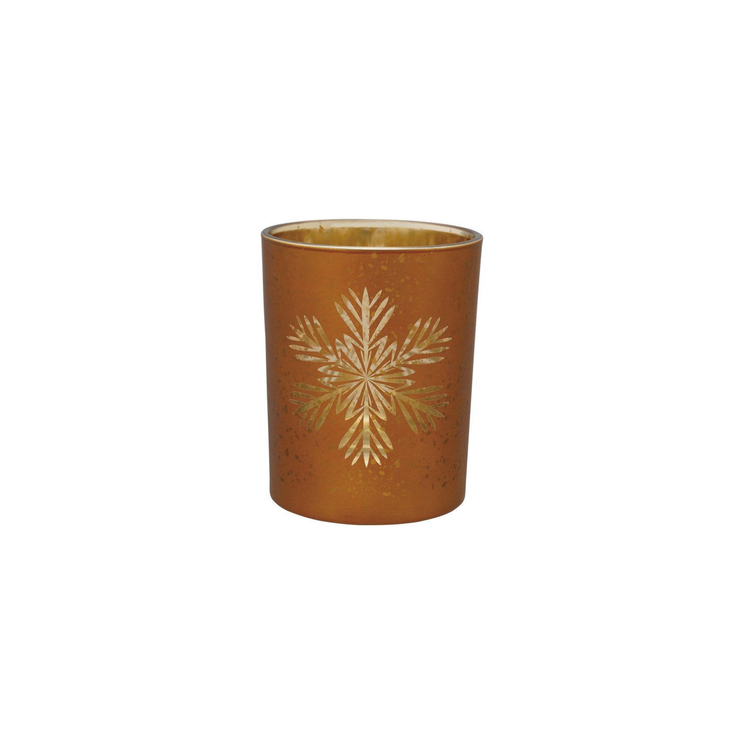 Glass Candle Holder w Laser Etched Snowflake, Gold Finish
