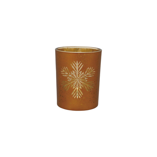 Glass Candle Holder w Laser Etched Snowflake, Gold Finish