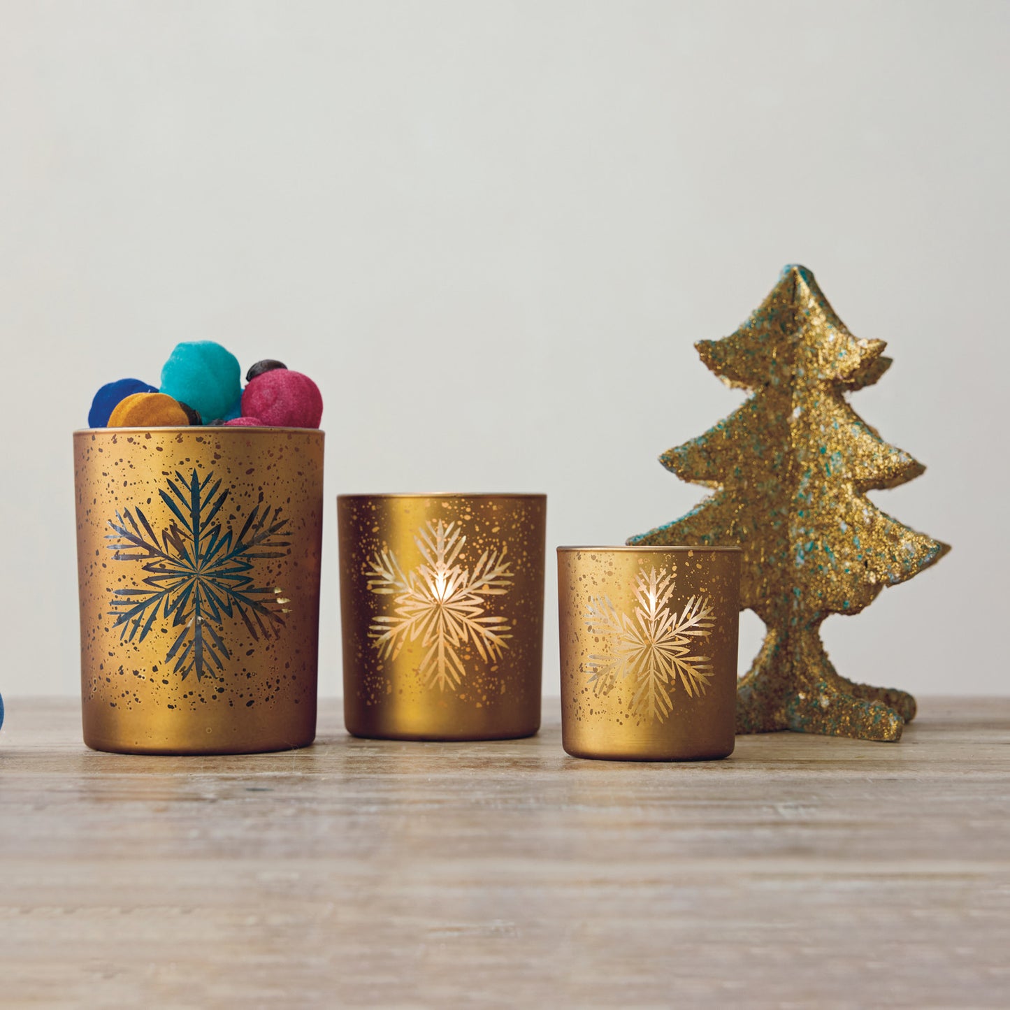 Glass Candle Holder w Laser Etched Snowflake, Gold Finish