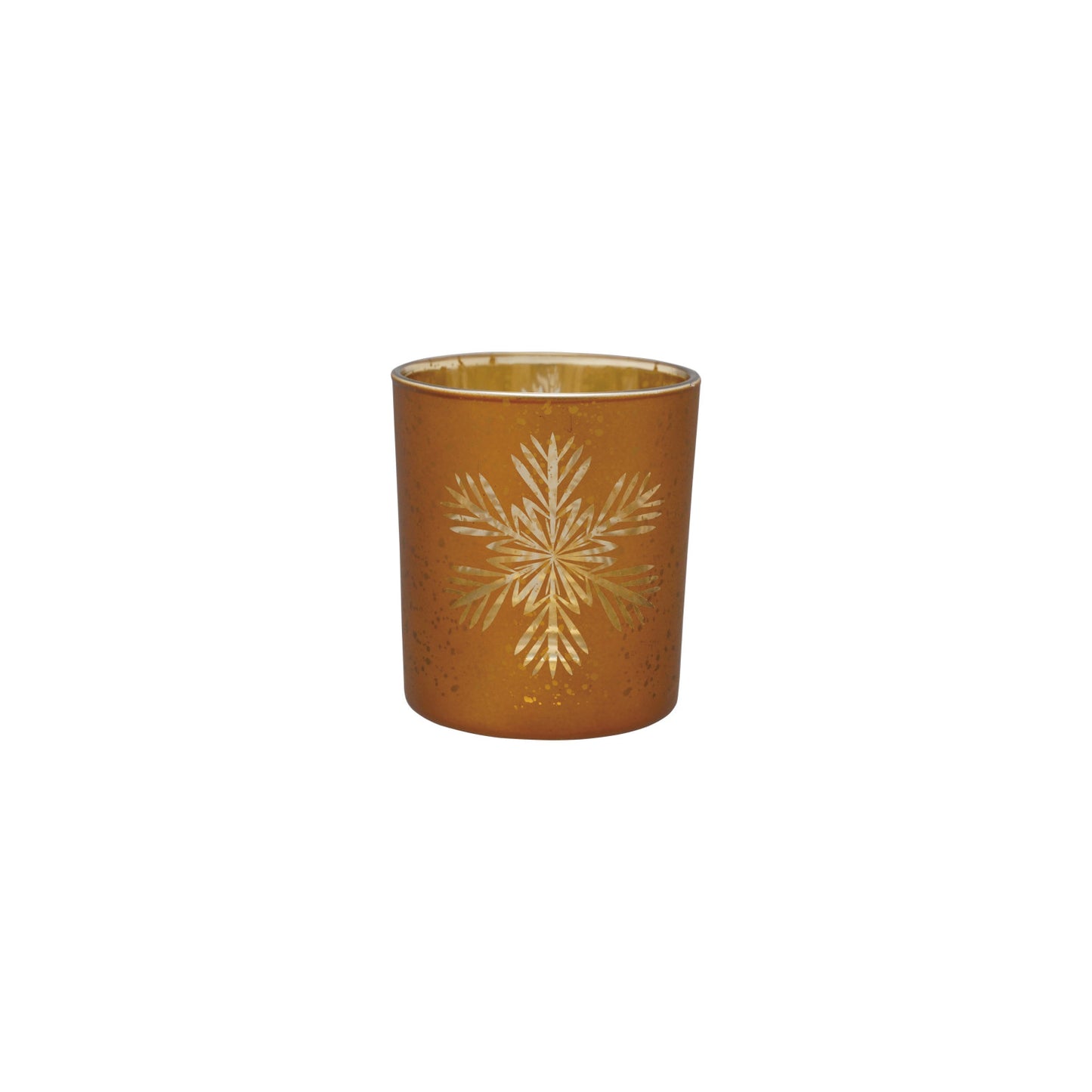 Glass Votive Holder w Laser Etched Snowflake, Gold Finish