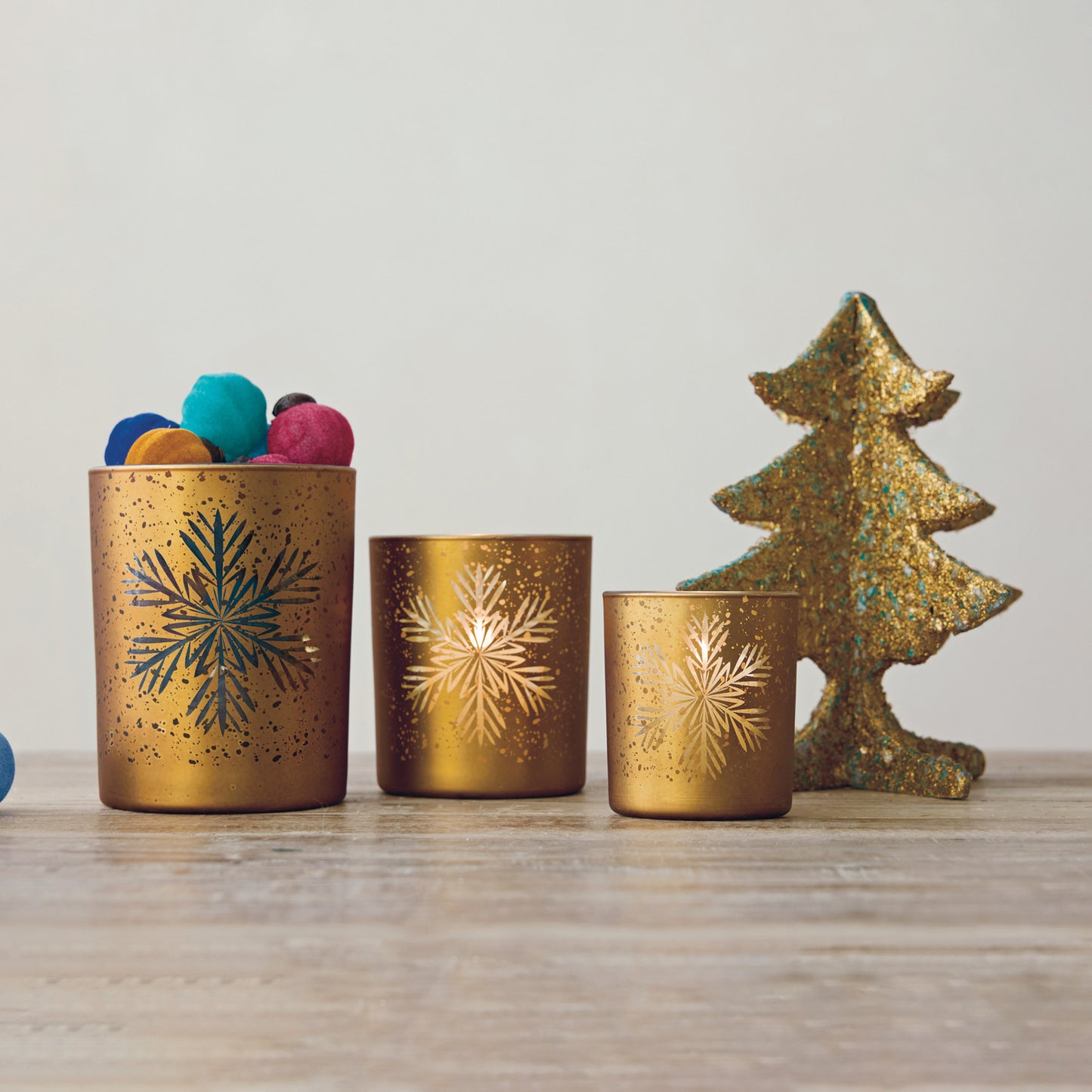 Glass Votive Holder w Laser Etched Snowflake, Gold Finish