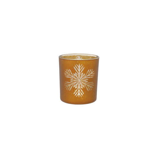Glass Votive Holder w Laser Etched Snowflake, Gold Finish