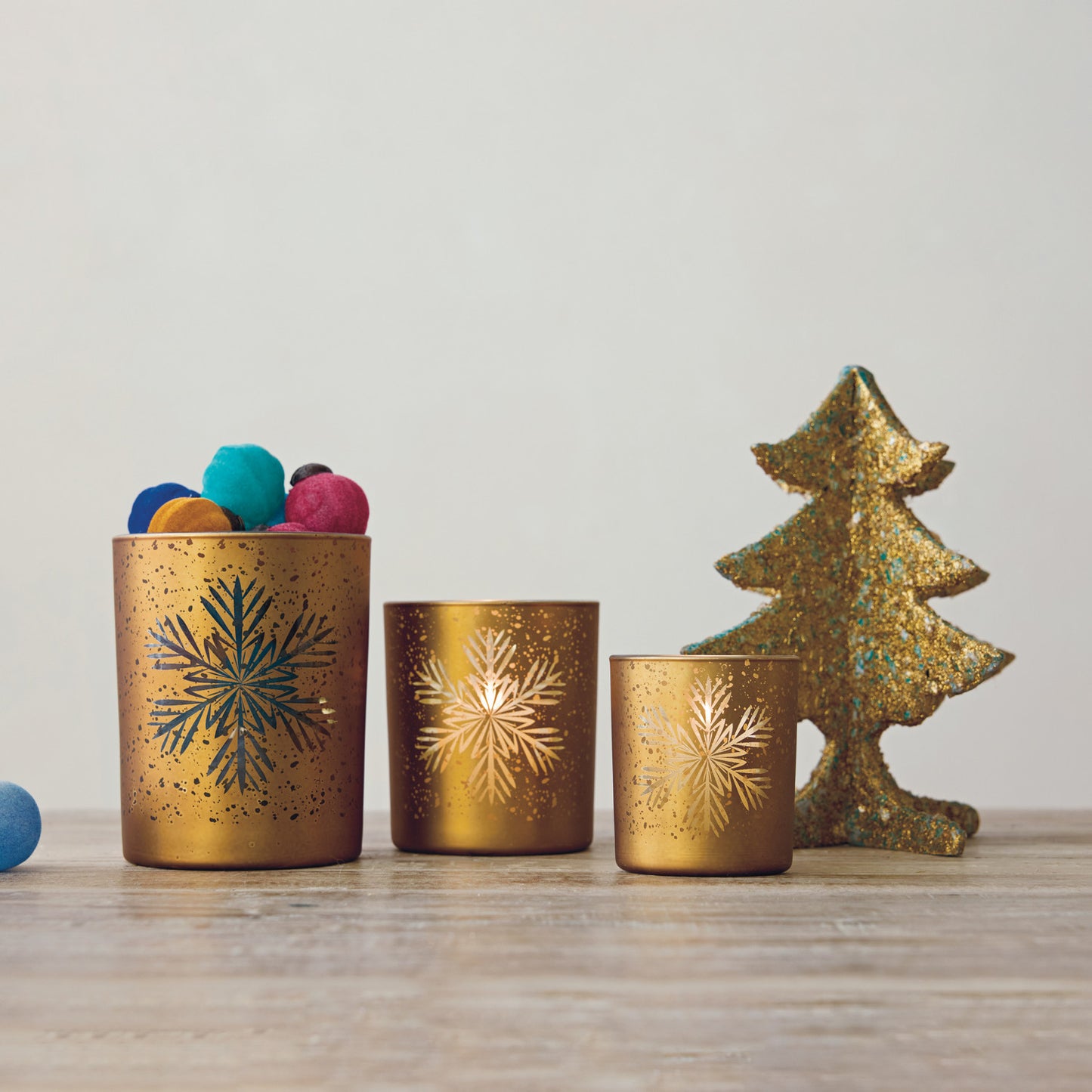 Glass Votive Holder w Laser Etched Snowflake, Gold Finish