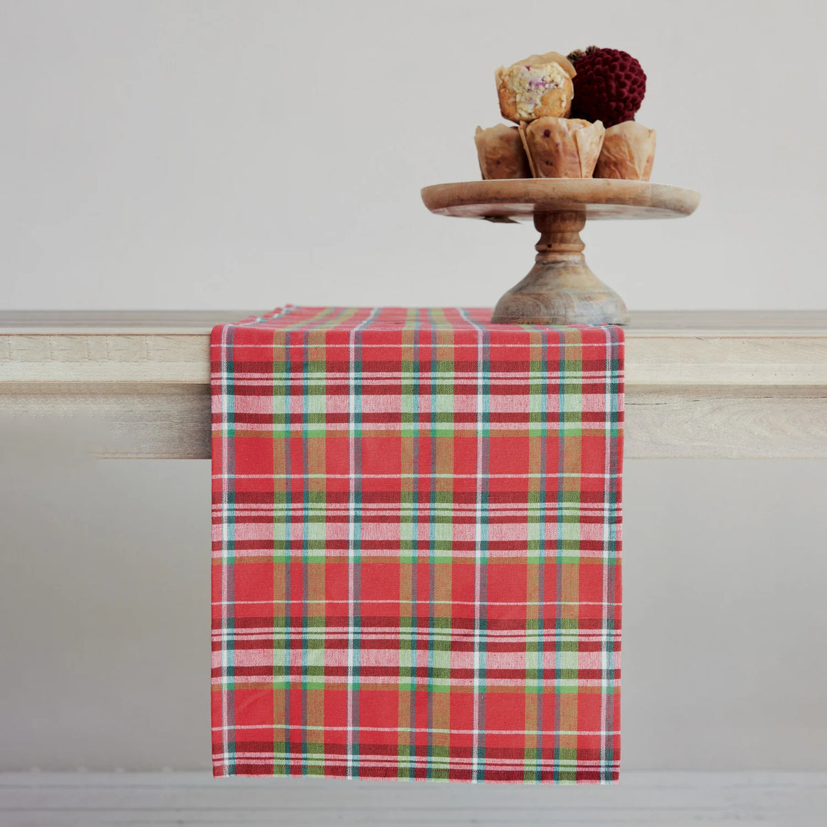Woven Cotton Table Runner with Tartan Plaid Pattern