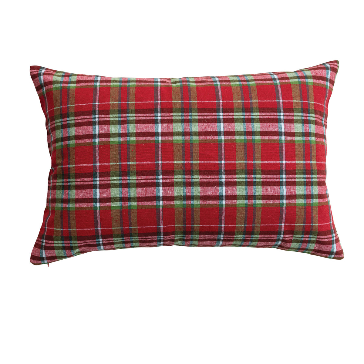 Woven Cotton Lumbar Pillow with Tartan Plaid Pattern