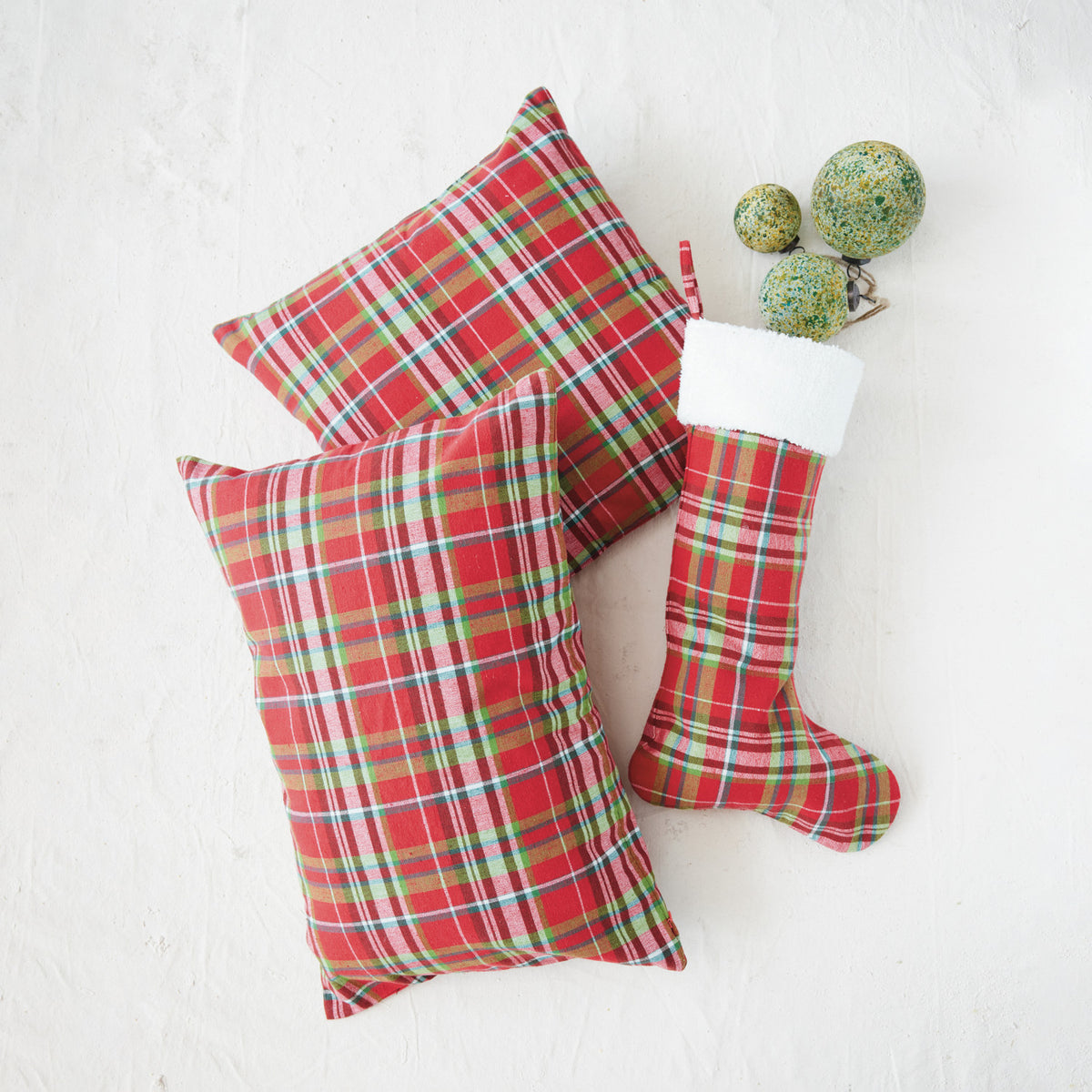 Woven Cotton Lumbar Pillow with Tartan Plaid Pattern