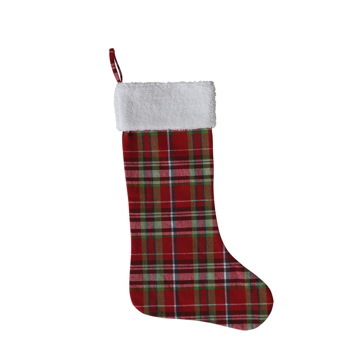 Woven Cotton Stocking with Tartan Plaid Pattern & Faux Sherpa Cuff