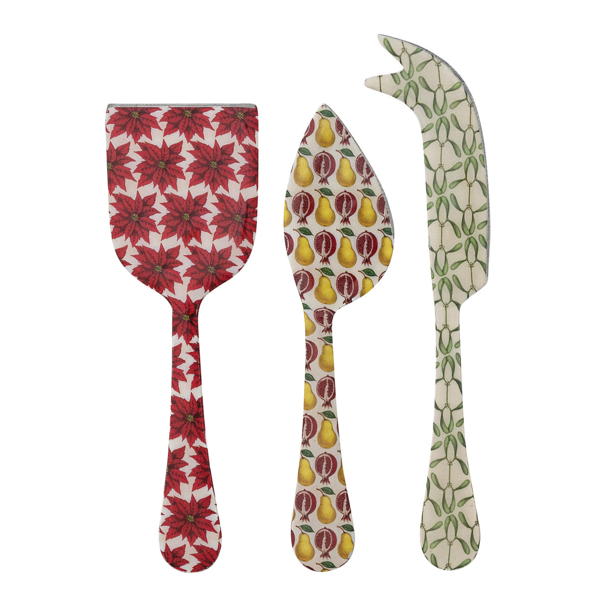 Enameled Stainless Steel Cheese Knives with Seasonal Botanical Patterns, Set of 3