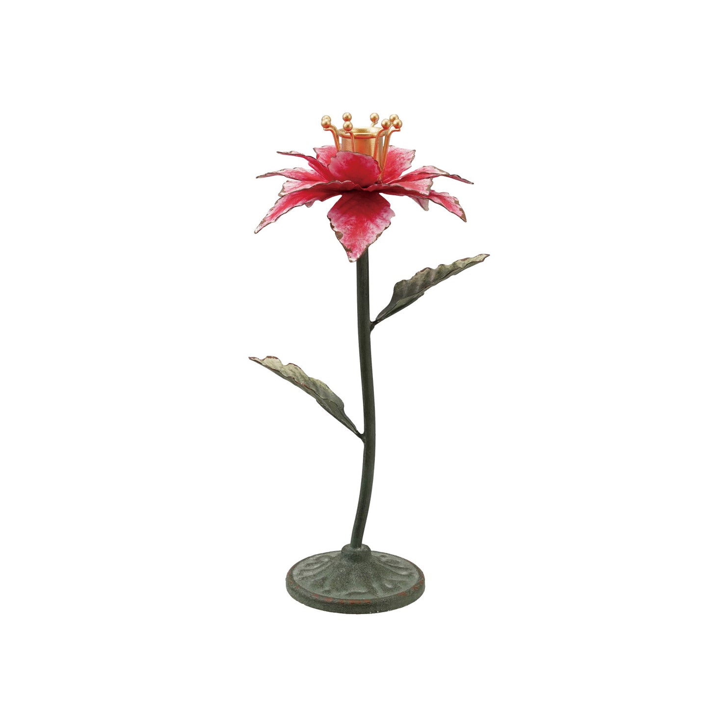Painted Metal Poinsettia Shaped Taper Holder, Green & Red