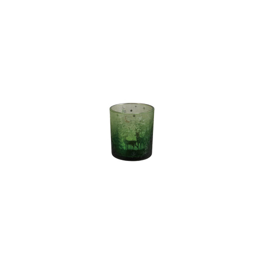 Mercury Glass Candle Holder w Laser Etched Scene, Green