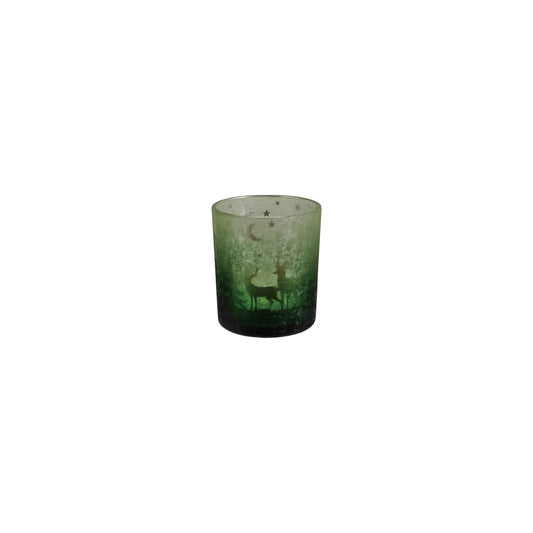 Mercury Glass Candle Holder w Laser Etched Scene, Green