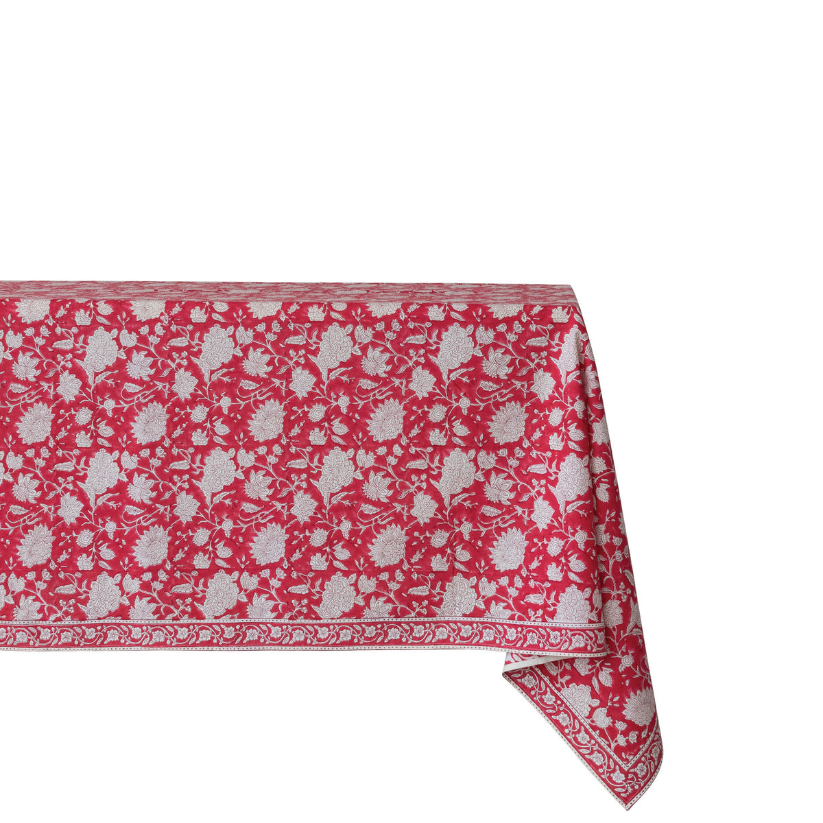 126"L x 70"W Cotton Block Print Tablecloth with Floral Pattern, Red & White