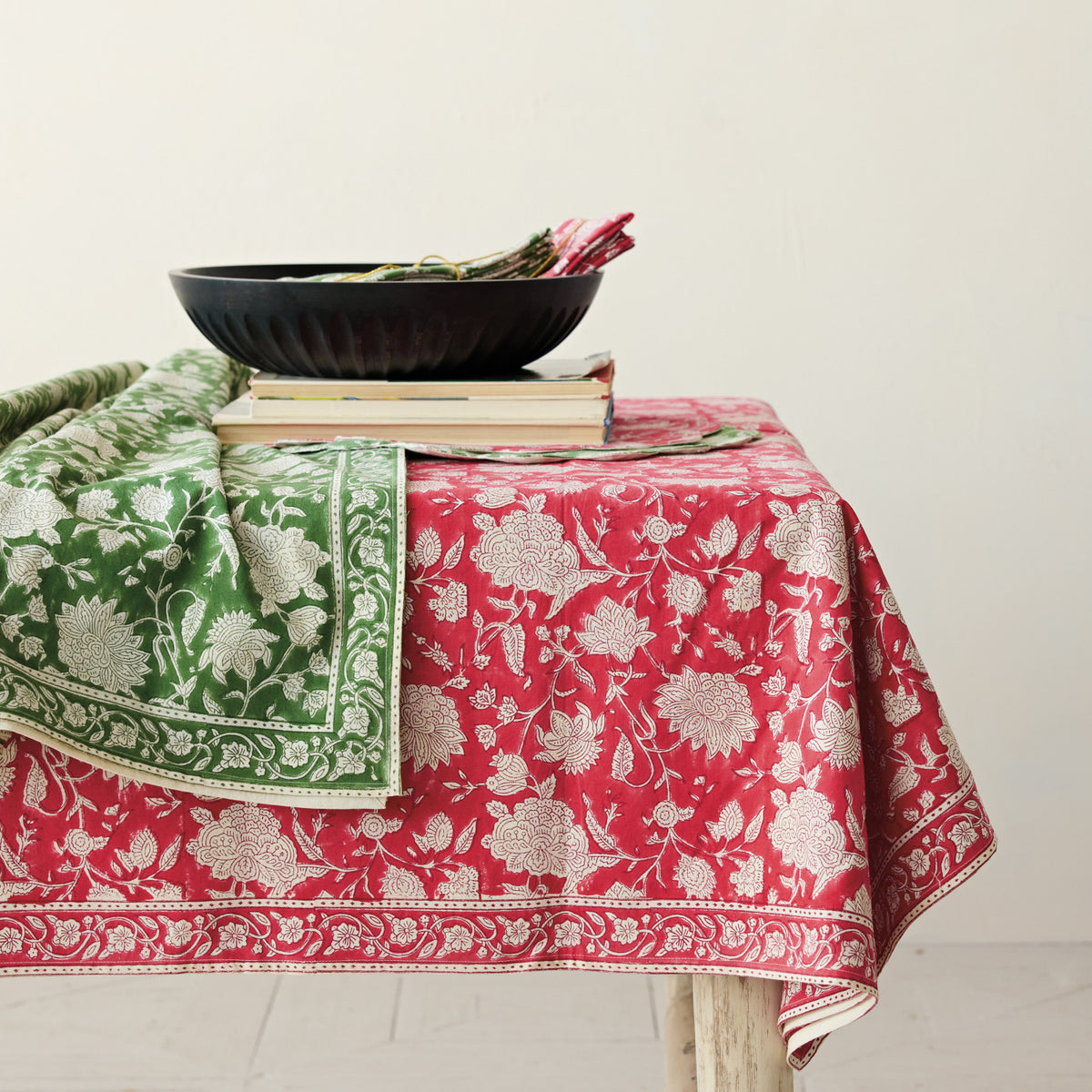 126"L x 70"W Cotton Block Print Tablecloth with Floral Pattern, Green & White
