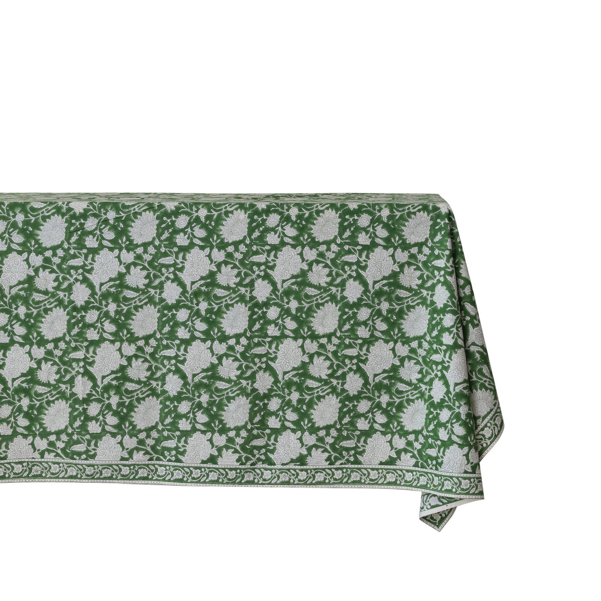 126"L x 70"W Cotton Block Print Tablecloth with Floral Pattern, Green & White