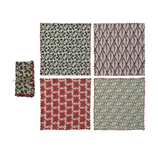 Linen Printed Scalloped Napkins with Stitched Edges, S/4