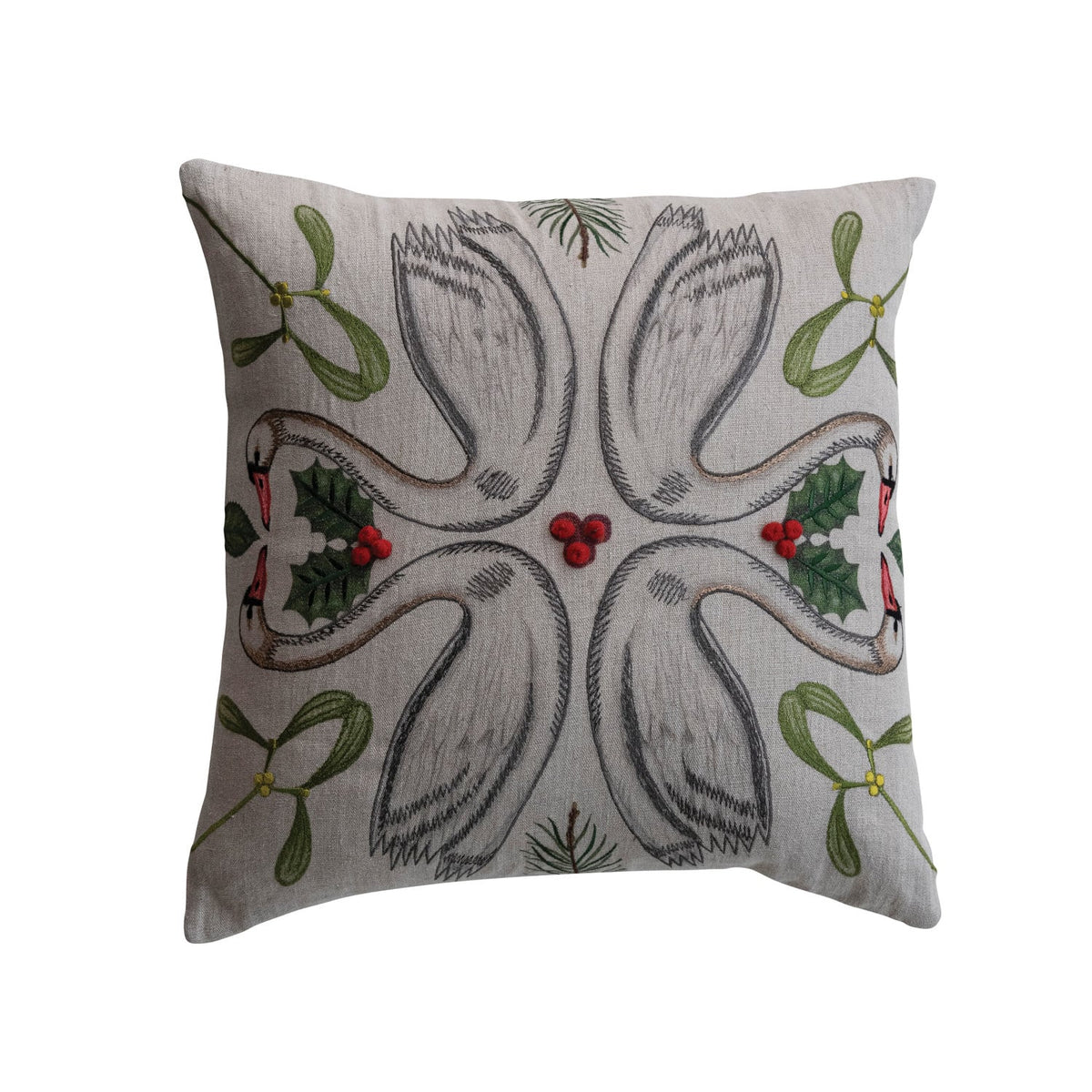 20" Square Linen Printed Swan Pillow w- Embroidery