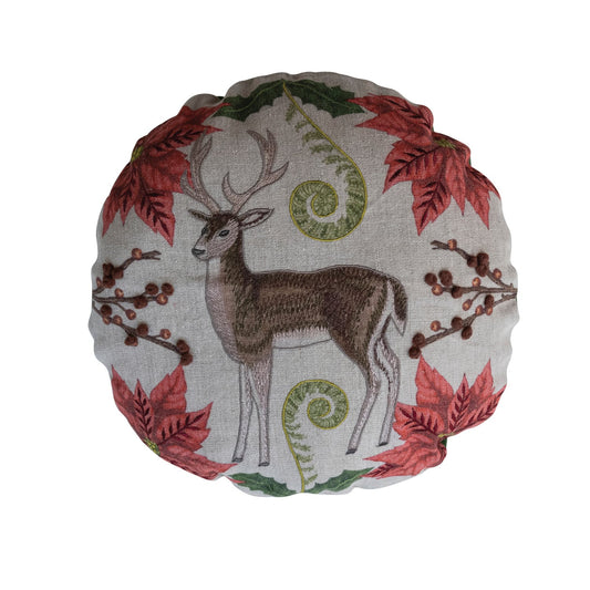 16" Round Linen Printed Pillow w- Seasonal Botanicals, Deer