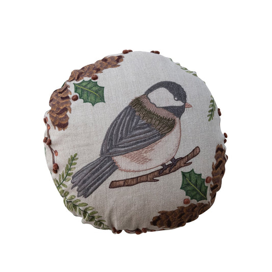 16" Round Linen Printed Pillow w- Seasonal Botanicals, Bird