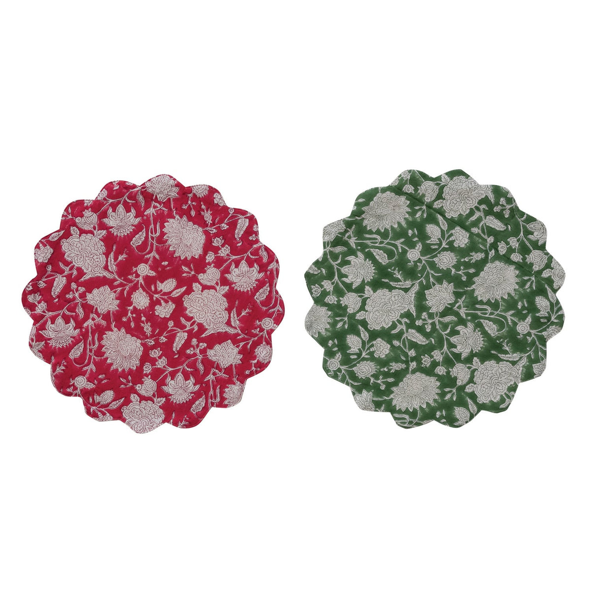 Cotton & Linen Block Print Scalloped Placemat with Floral Pattern, 2 Colors