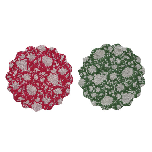Cotton & Linen Block Print Scalloped Placemat with Floral Pattern, 2 Colors