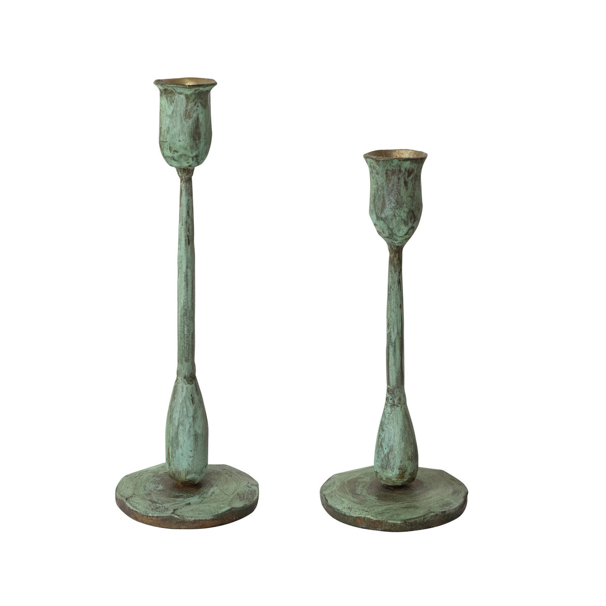 Hand-Forged Metal Taper Holders, Verdigris Finish, S/2