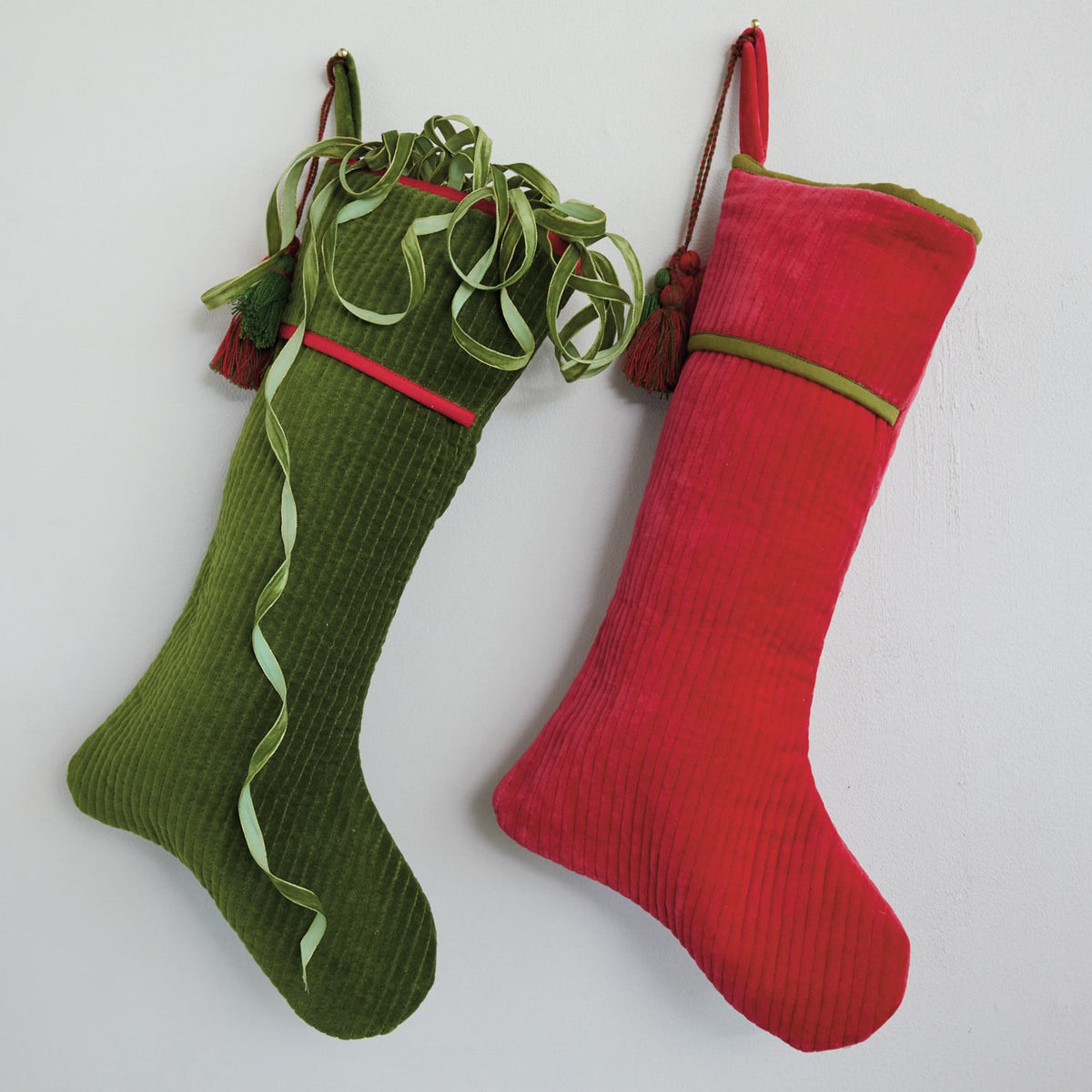 Cotton Velvet Quilted Stocking with Tassels, Green & Red