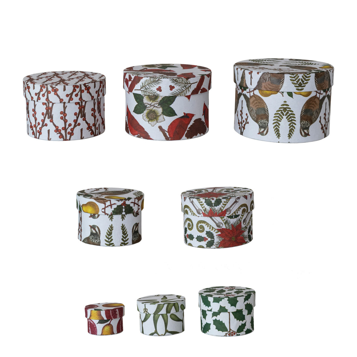 Round Handmade Printed Recycled Paper Nesting Gift Boxes, Set of 8