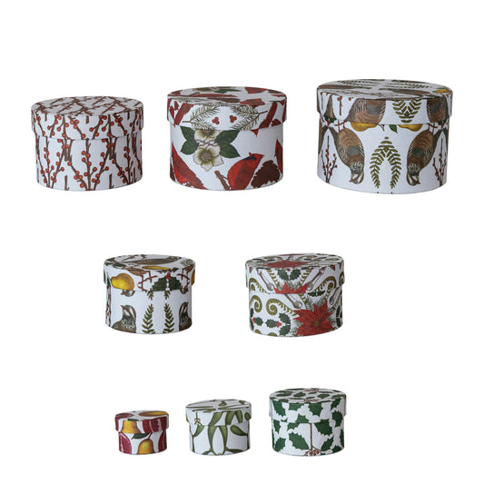 Round Handmade Printed Recycled Paper Nesting Gift Boxes, Set of 8