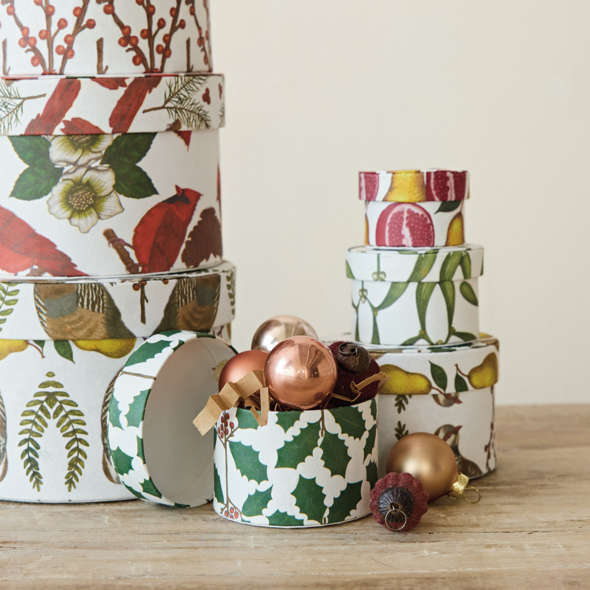 Round Handmade Printed Recycled Paper Nesting Gift Boxes, Set of 8
