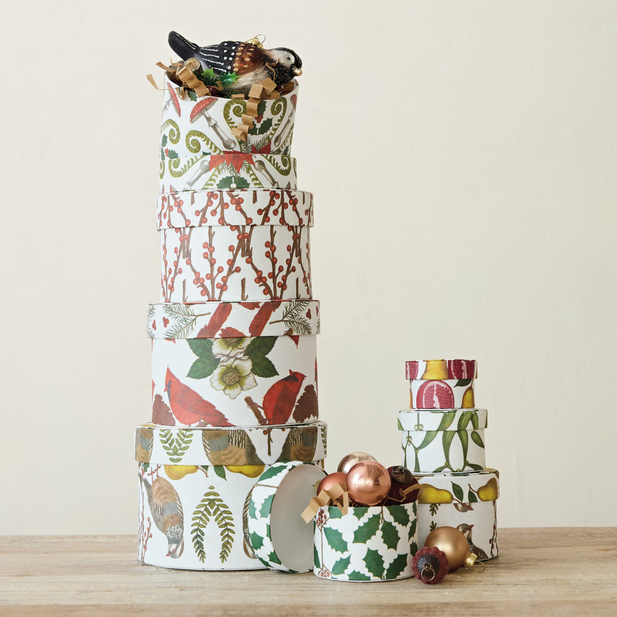 Round Handmade Printed Recycled Paper Nesting Gift Boxes, Set of 8