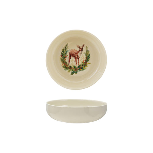 Stoneware Low Bowl with Deer & Seasonal Botanicals