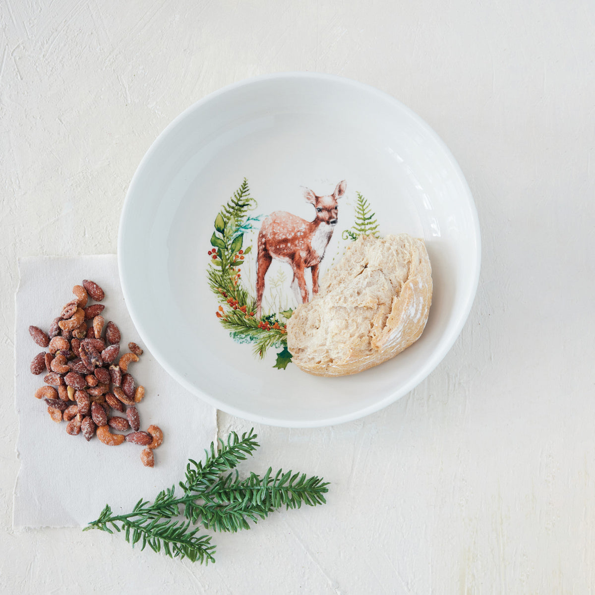Stoneware Low Bowl with Deer & Seasonal Botanicals