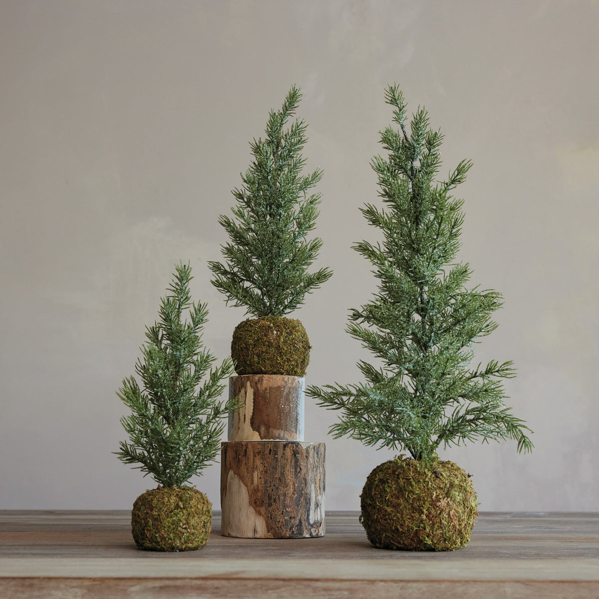 Faux Fir Tree with Moss Ball Base, Frost Finish