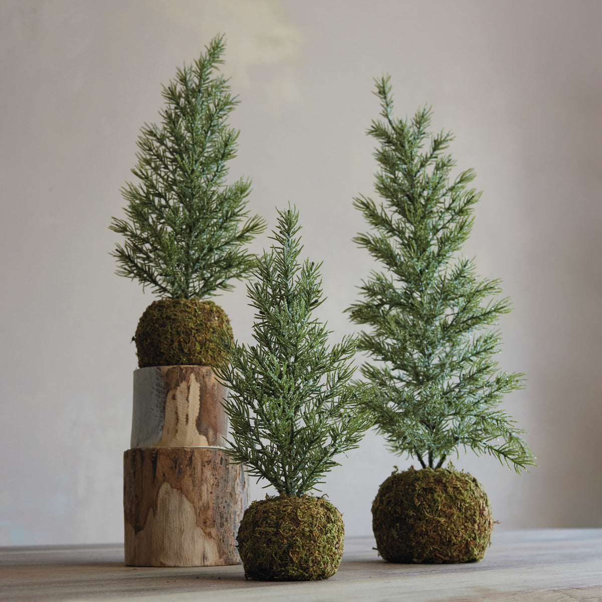 Faux Fir Tree with Moss Ball Base, Frost Finish