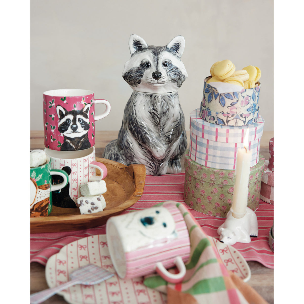 Hand-Painted Stoneware Raccoon Shaped Cookie Jar