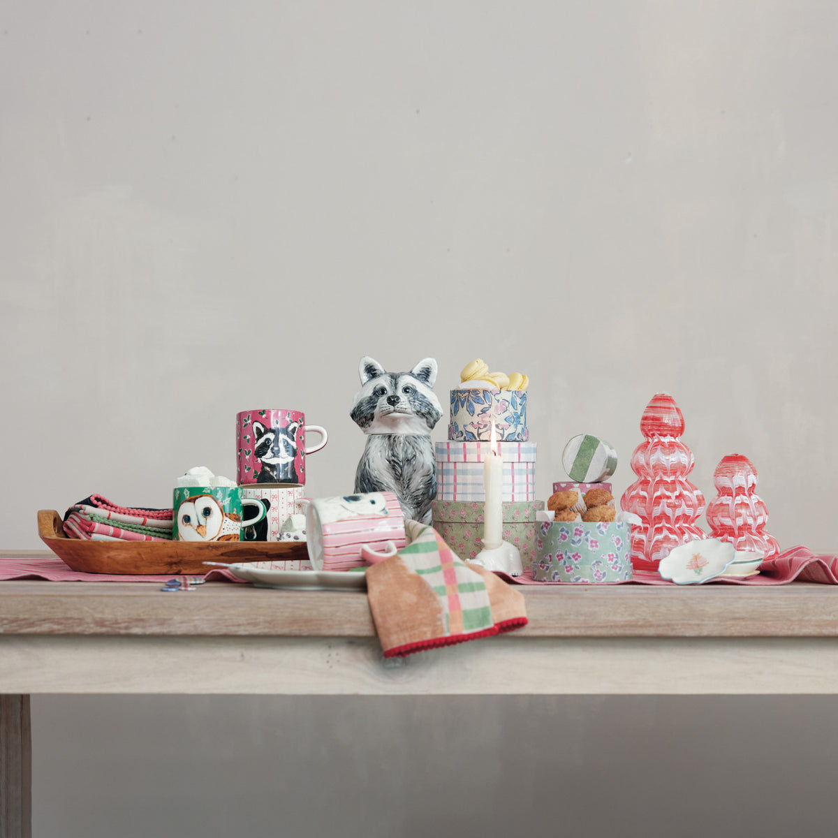 Hand-Painted Stoneware Raccoon Shaped Cookie Jar