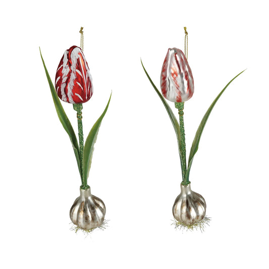 Hand-Painted Mercury Glass Tulip Bulb Ornament with Faux Leaves & Glitter