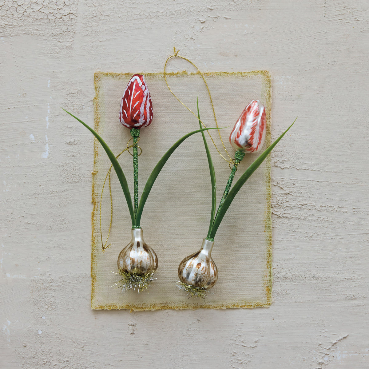 Hand-Painted Mercury Glass Tulip Bulb Ornament with Faux Leaves & Glitter