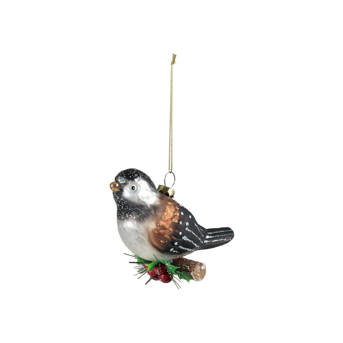 Hand-Painted Glass Chickadee on Branch Ornament with Glitter