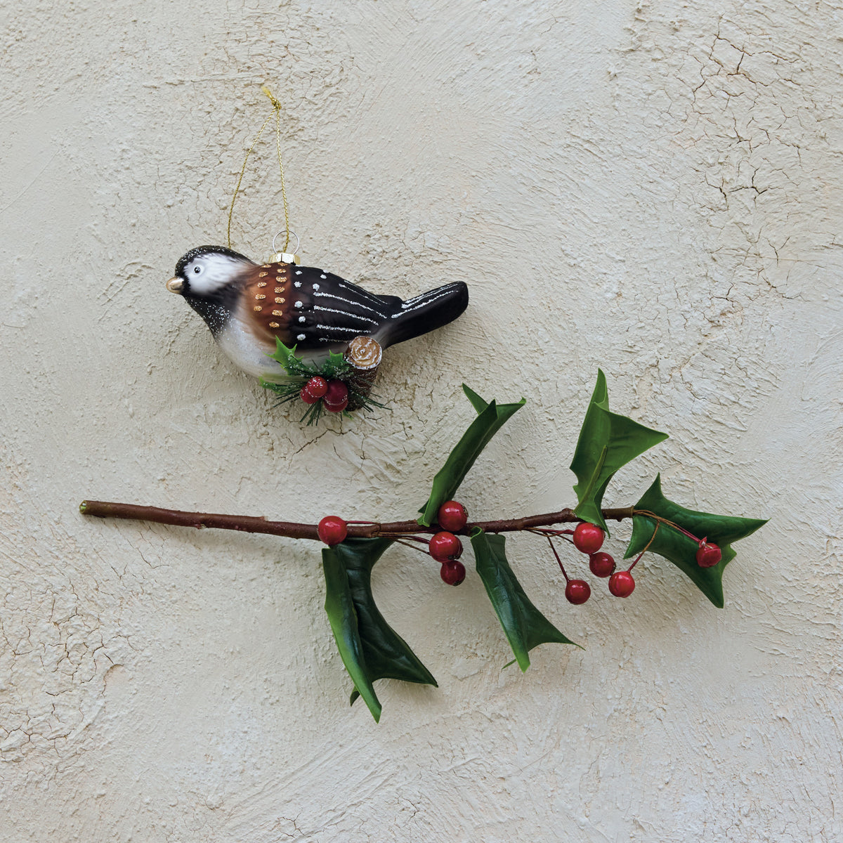 Hand-Painted Glass Chickadee on Branch Ornament with Glitter