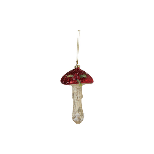 Hand-Painted Mercury Glass Mushroom Ornament with Holly & Glitter