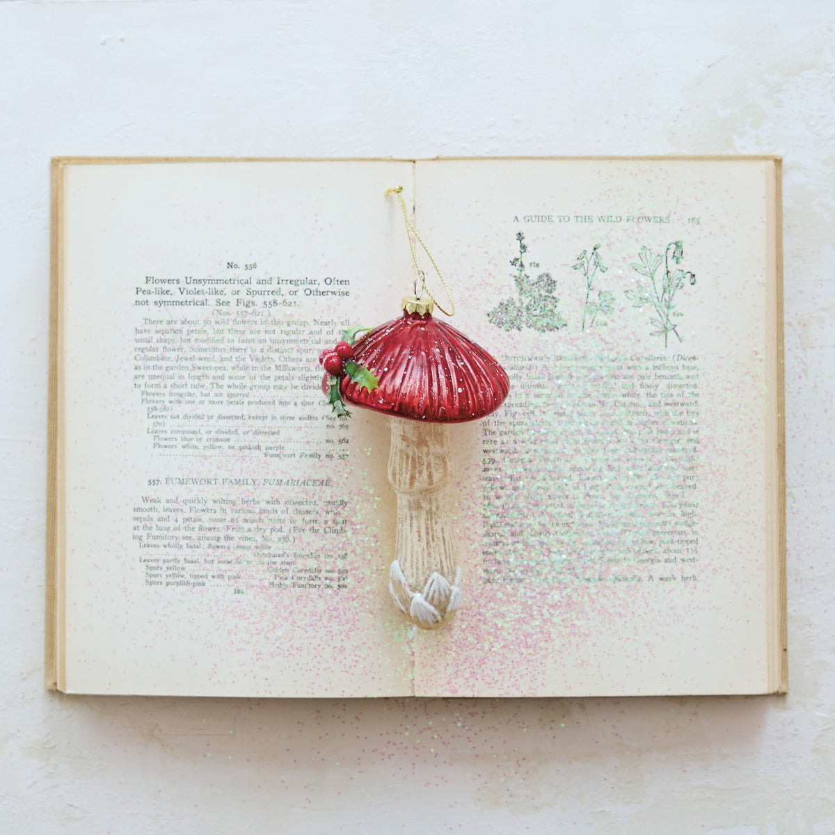 Hand-Painted Mercury Glass Mushroom Ornament with Holly & Glitter