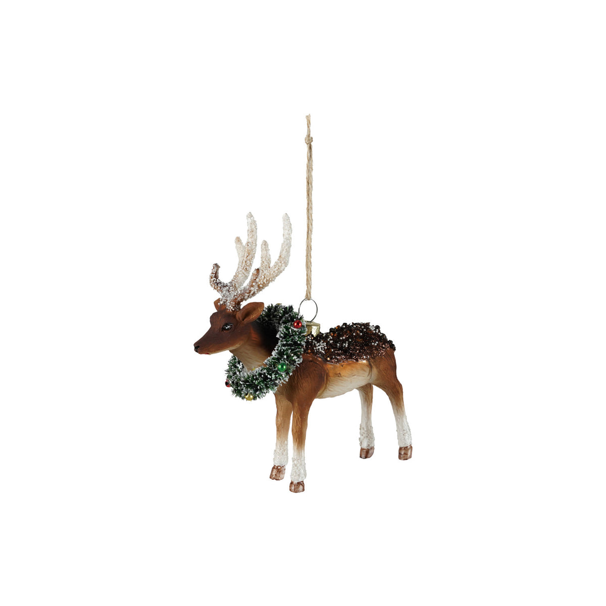 Hand-Painted Glass Deer Ornament with Wreath, Sequins, Beads & Glitter