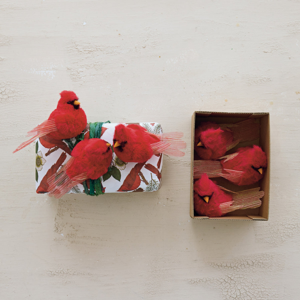 Faux Fur & Fabric Cardinal Clip-on Ornaments with Glitter